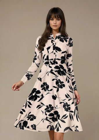 Bold InkPetal Flare Dress for Women I Cream and Dark Peach