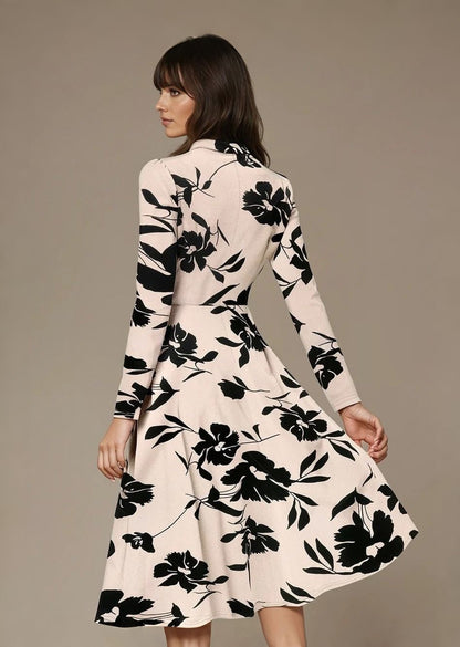 Bold InkPetal Flare Dress for Women I Cream and Dark Peach - Uvercee