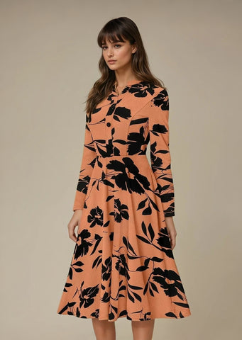 Bold InkPetal Flare Dress for Women I Cream and Dark Peach