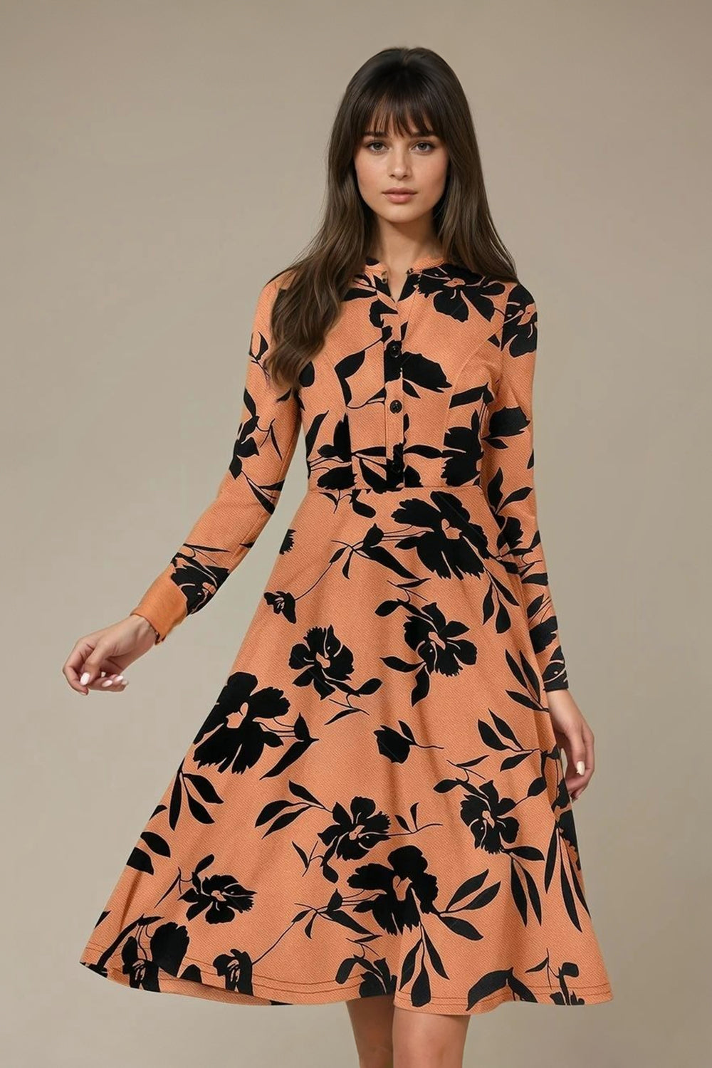 Bold InkPetal Flare Dress for Women I Cream and Dark Peach