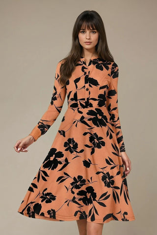 Bold InkPetal Flare Dress for Women I Cream and Dark Peach