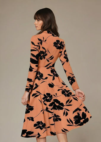 Bold InkPetal Flare Dress for Women I Cream and Dark Peach