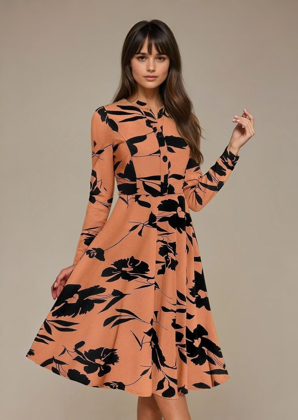 Bold InkPetal Flare Dress for Women I Cream and Dark Peach - Uvercee