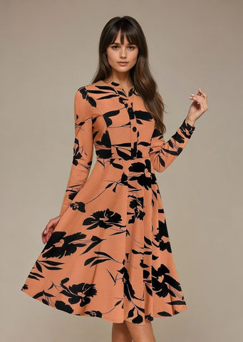 Bold InkPetal Flare Dress for Women I Cream and Dark Peach