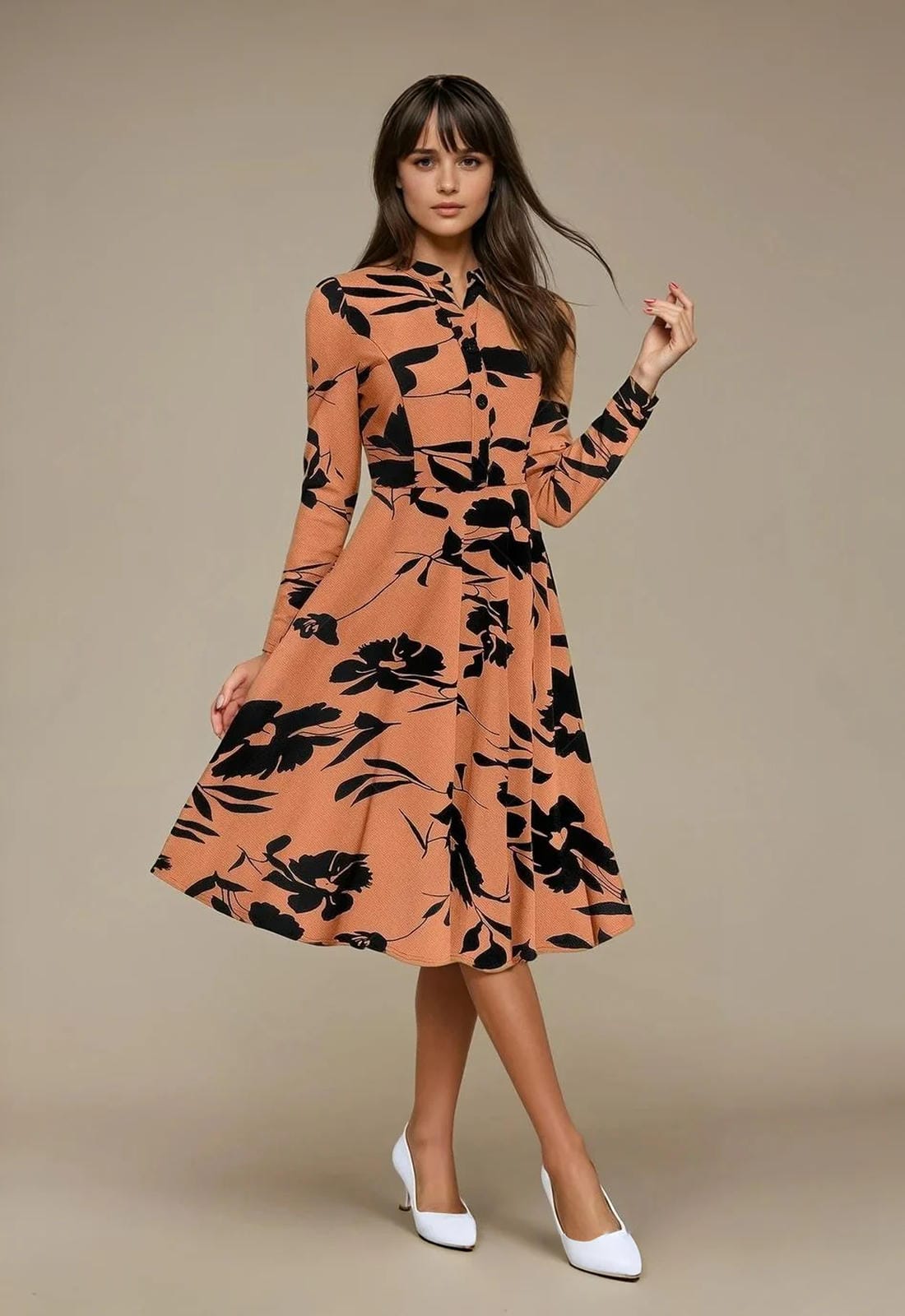 Bold InkPetal Flare Dress for Women I Cream and Dark Peach - Uvercee