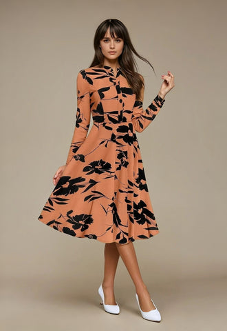 Bold InkPetal Flare Dress for Women I Cream and Dark Peach