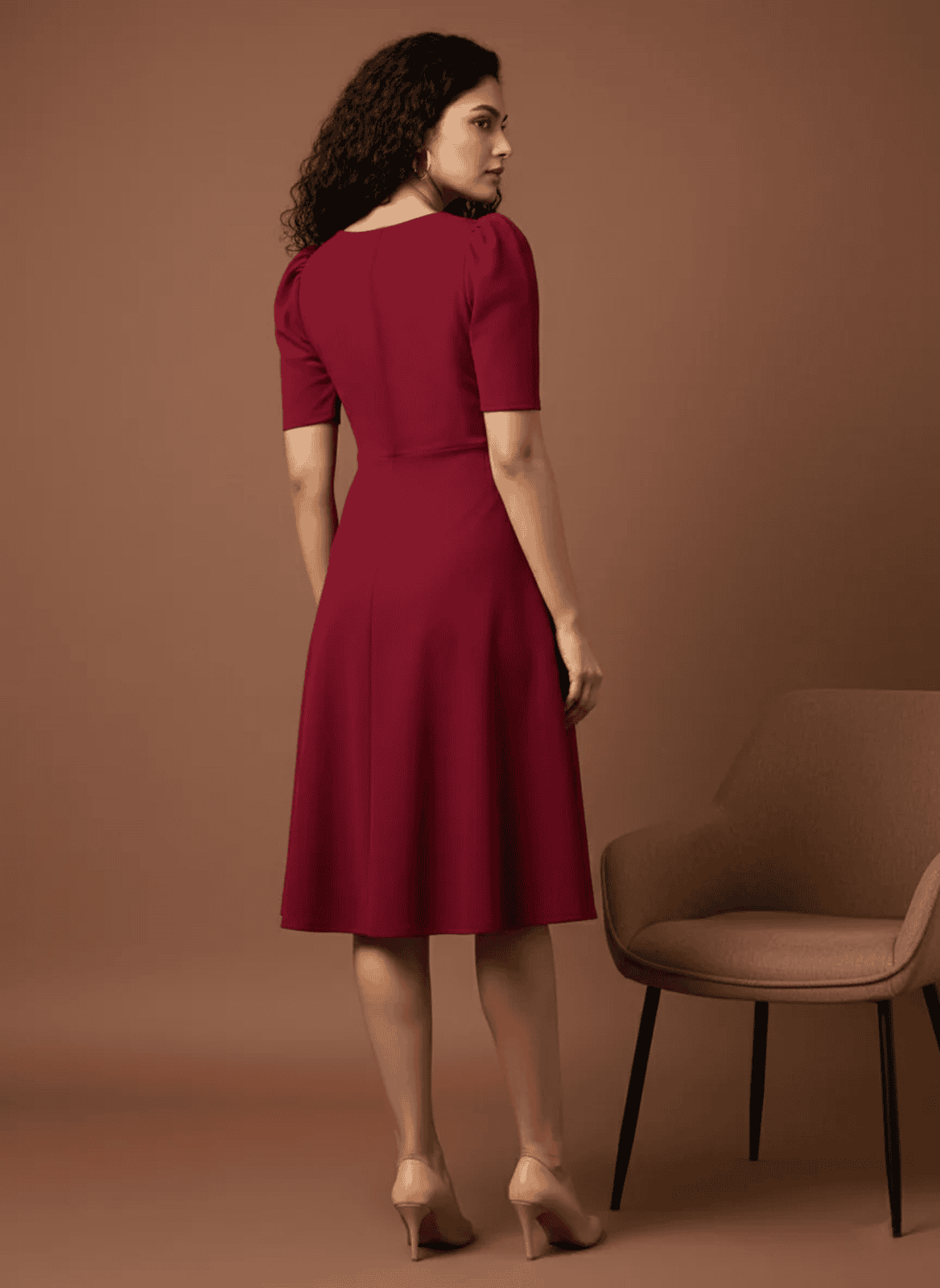 Elegant A-Line Midi Dress with Sweetheart Neckline & Puff Sleeves | Uvercee