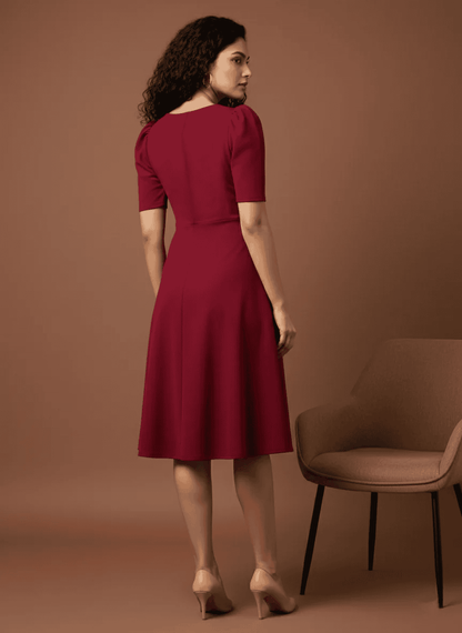 Elegant A-Line Midi Dress with Sweetheart Neckline & Puff Sleeves | Uvercee