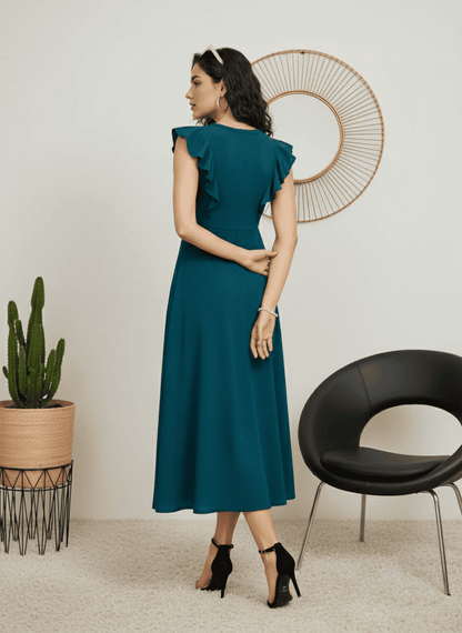 The Teal Statement: Ruffle Sleeve A-Line Midi Dress