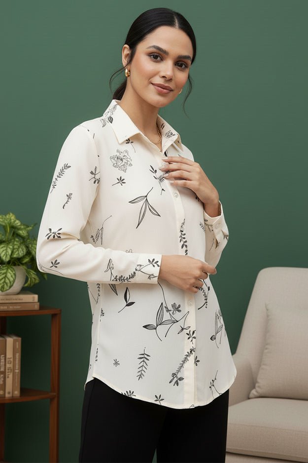 Minimalist Leaf Print Long Sleeve Shirt | Classic Collared Shirt - Uvercee