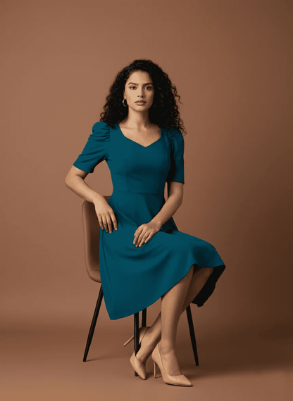 Elegant A-Line Midi Dress with Sweetheart Neckline & Puff Sleeves | Uvercee