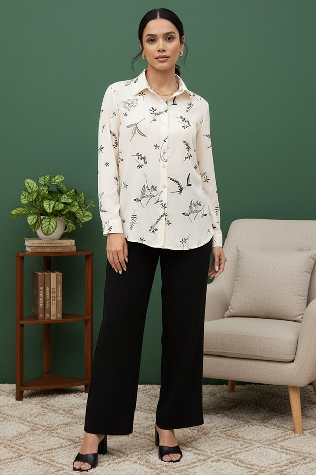 Minimalist Leaf Print Long Sleeve Shirt | Classic Collared Shirt - Uvercee