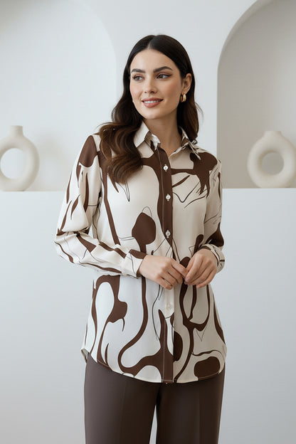 Earthy Tone Abstract Art Shirt | Stylish Sophisticated Long Sleeve Office Shirt