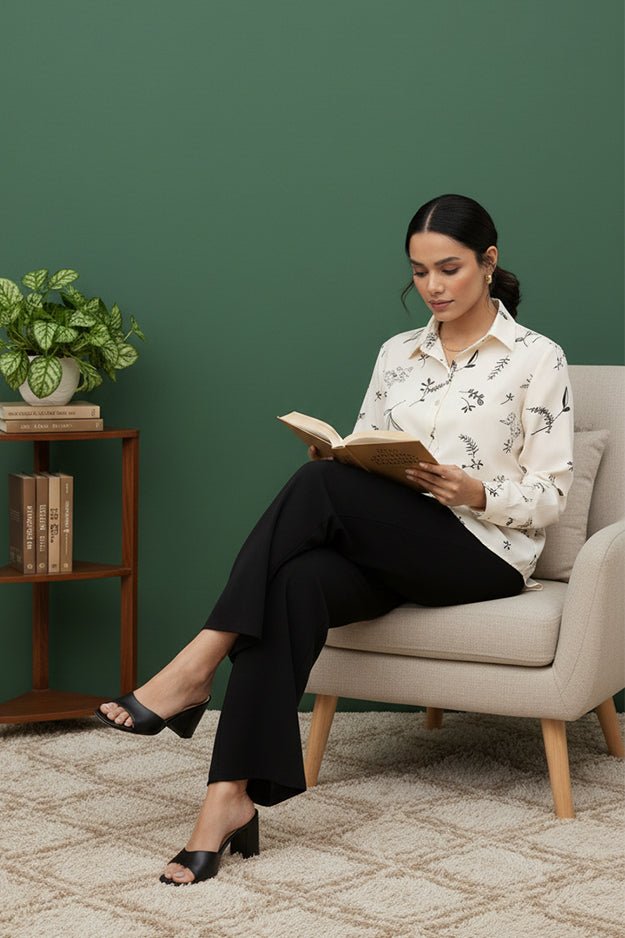 Minimalist Leaf Print Long Sleeve Shirt | Classic Collared Shirt - Uvercee