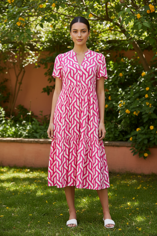 Pink Geometric Print Tiered Midi Dress with Adjustable Tie Waist