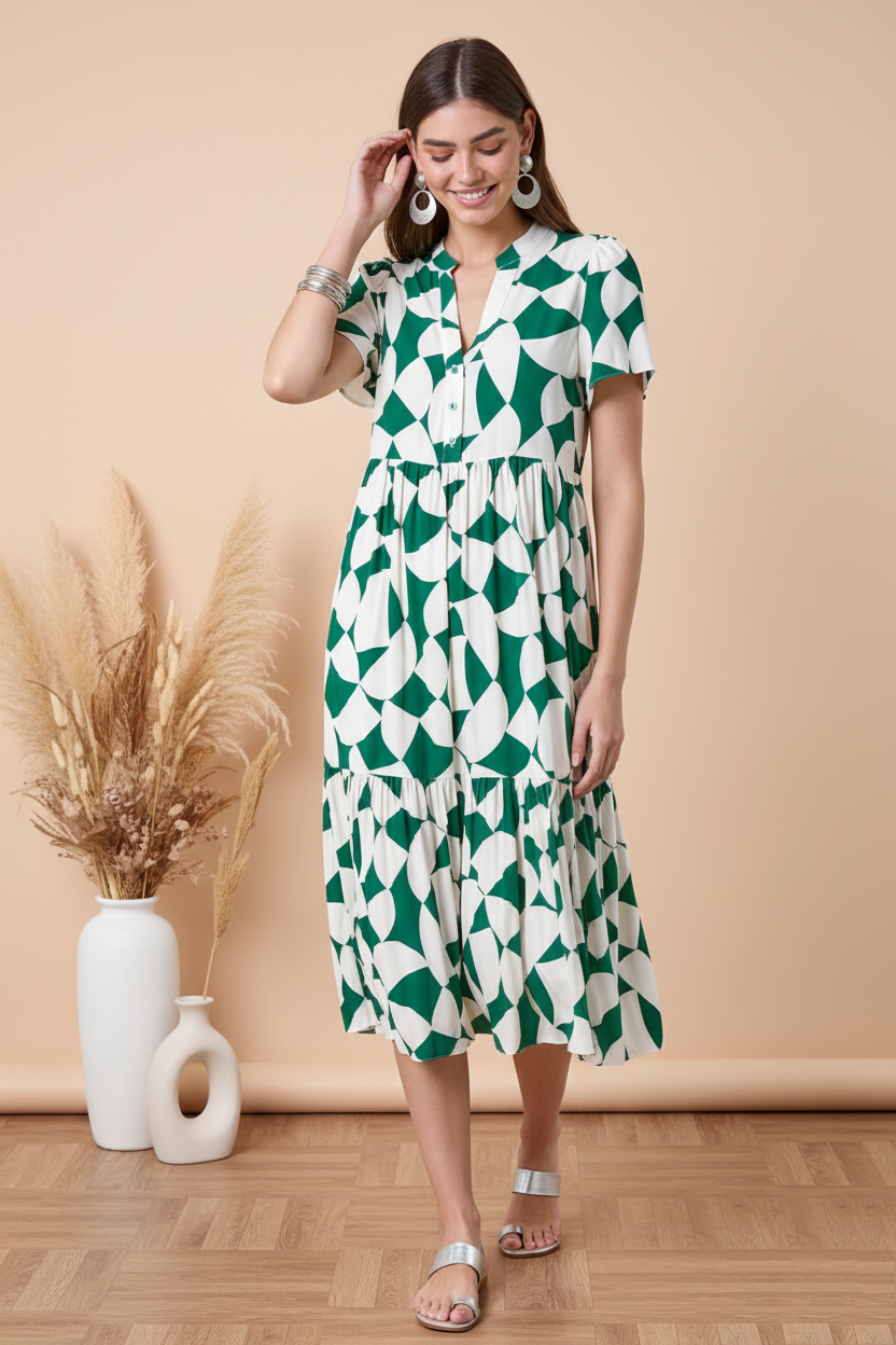 Green Geometric Print Tiered Midi Dress with Adjustable Tie Waist