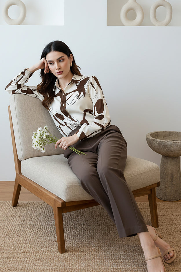 Earthy Tone Abstract Art Shirt | Stylish Sophisticated Long Sleeve Office Shirt