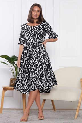 Uvercee Elegant Black & White Squiggle Print Dress