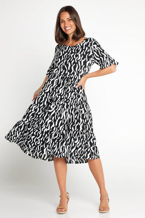 Uvercee Elegant Black & White Squiggle Print Dress