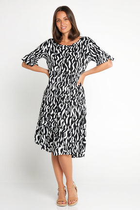 Uvercee Elegant Black & White Squiggle Print Dress