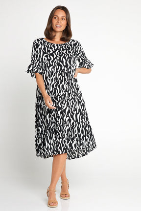 Uvercee Elegant Black & White Squiggle Print Dress