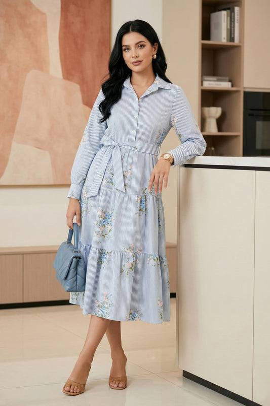 Romantic Garden Belted Floral Shirt Dress