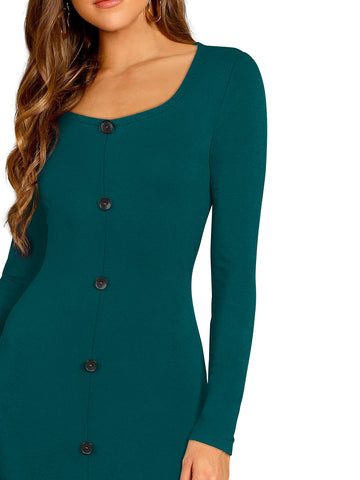 Sculpted Grace Button Bodycon Midi Dress – Teal Elegance