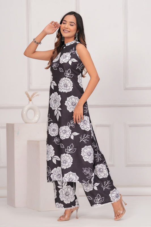 Elegant Black Floral Printed Sleeveless Kurta Palazzo Set