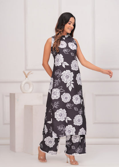 Elegant Black Floral Printed Sleeveless Kurta Palazzo Set