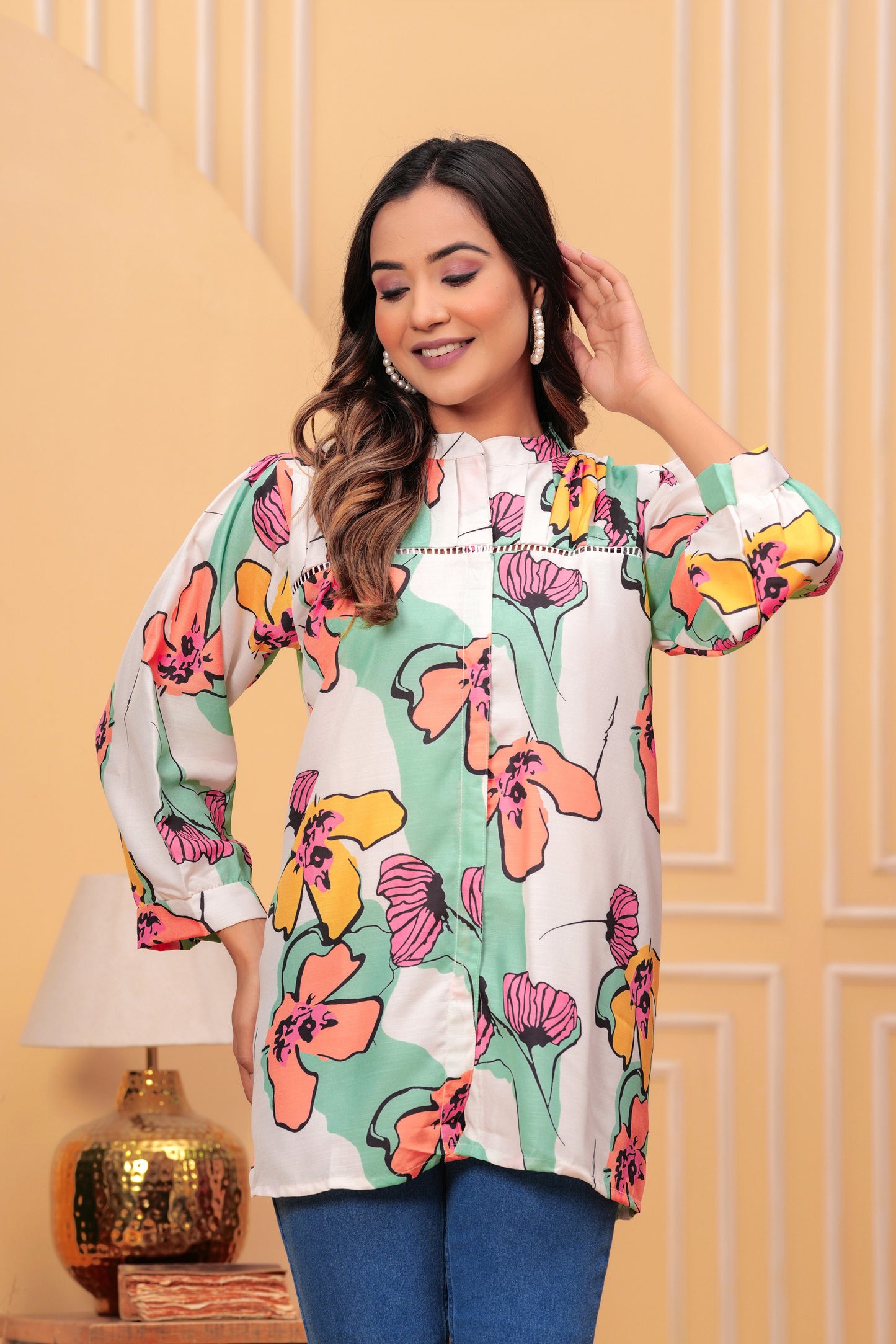 Beige Floral Printed Tops