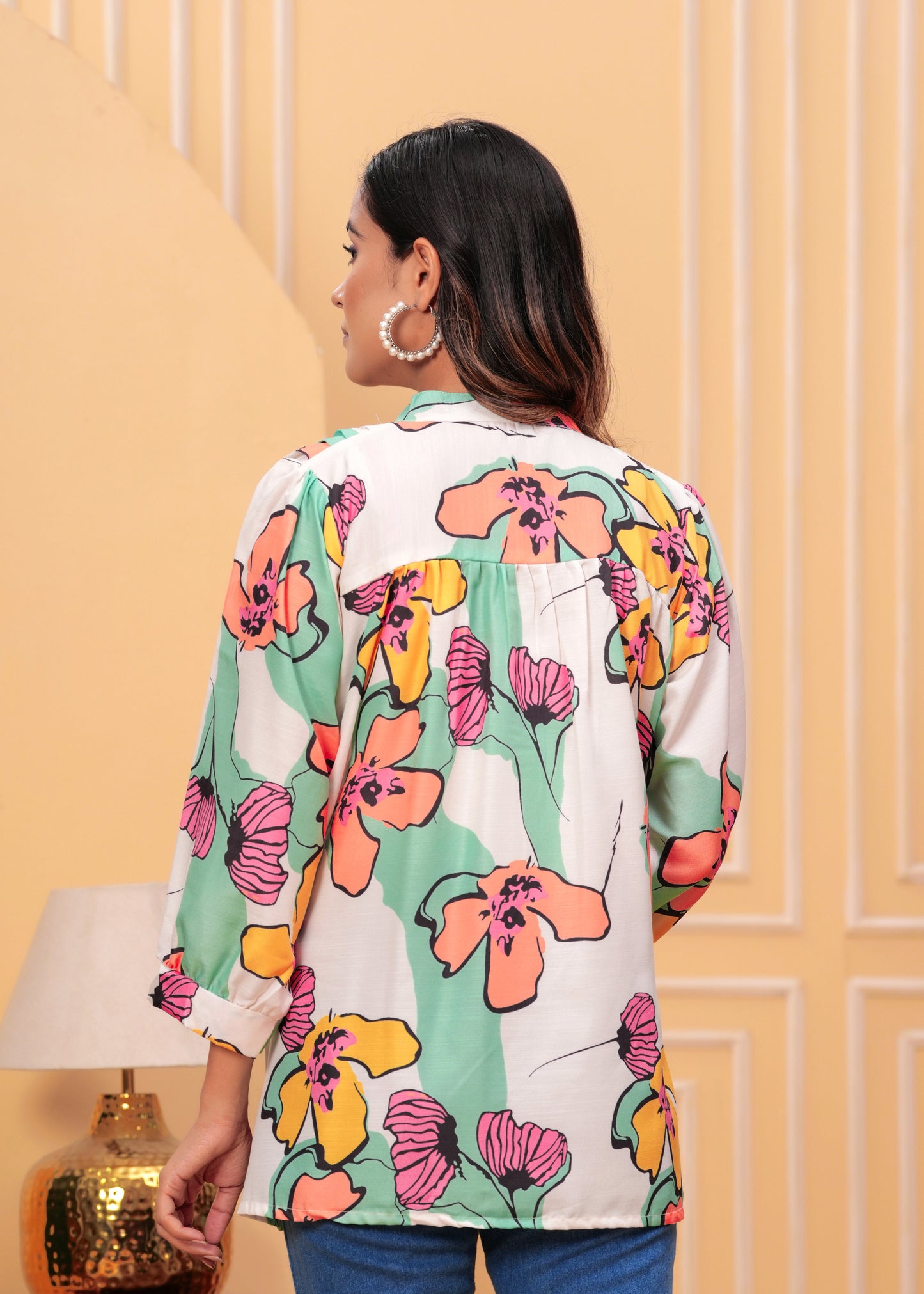 Beige Floral Printed Tops