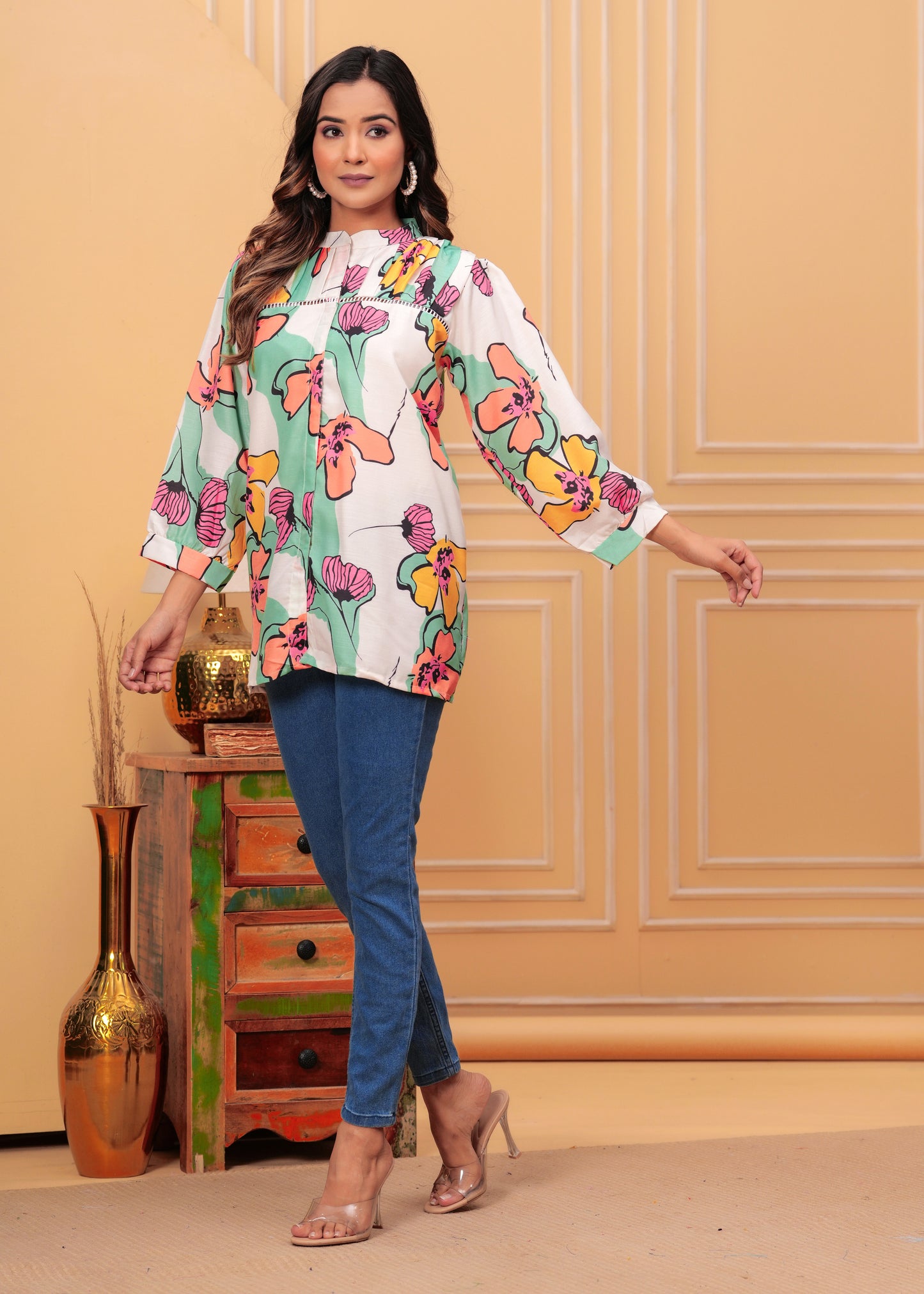 Beige Floral Printed Tops