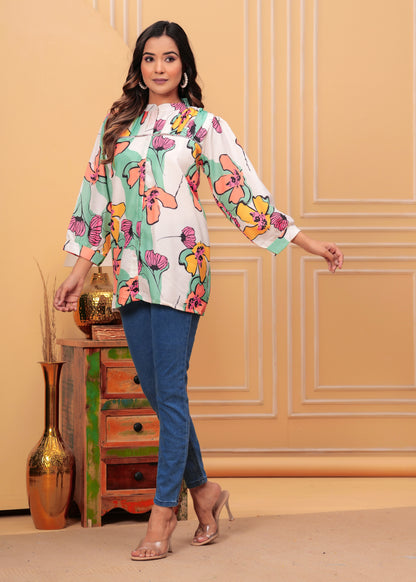 Beige Floral Printed Tops
