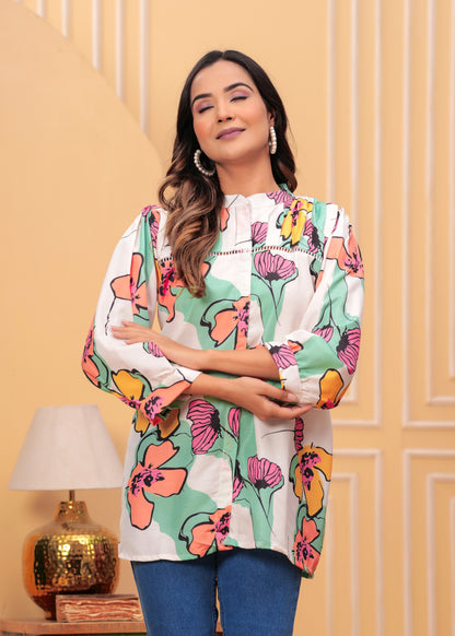 Beige Floral Printed Tops