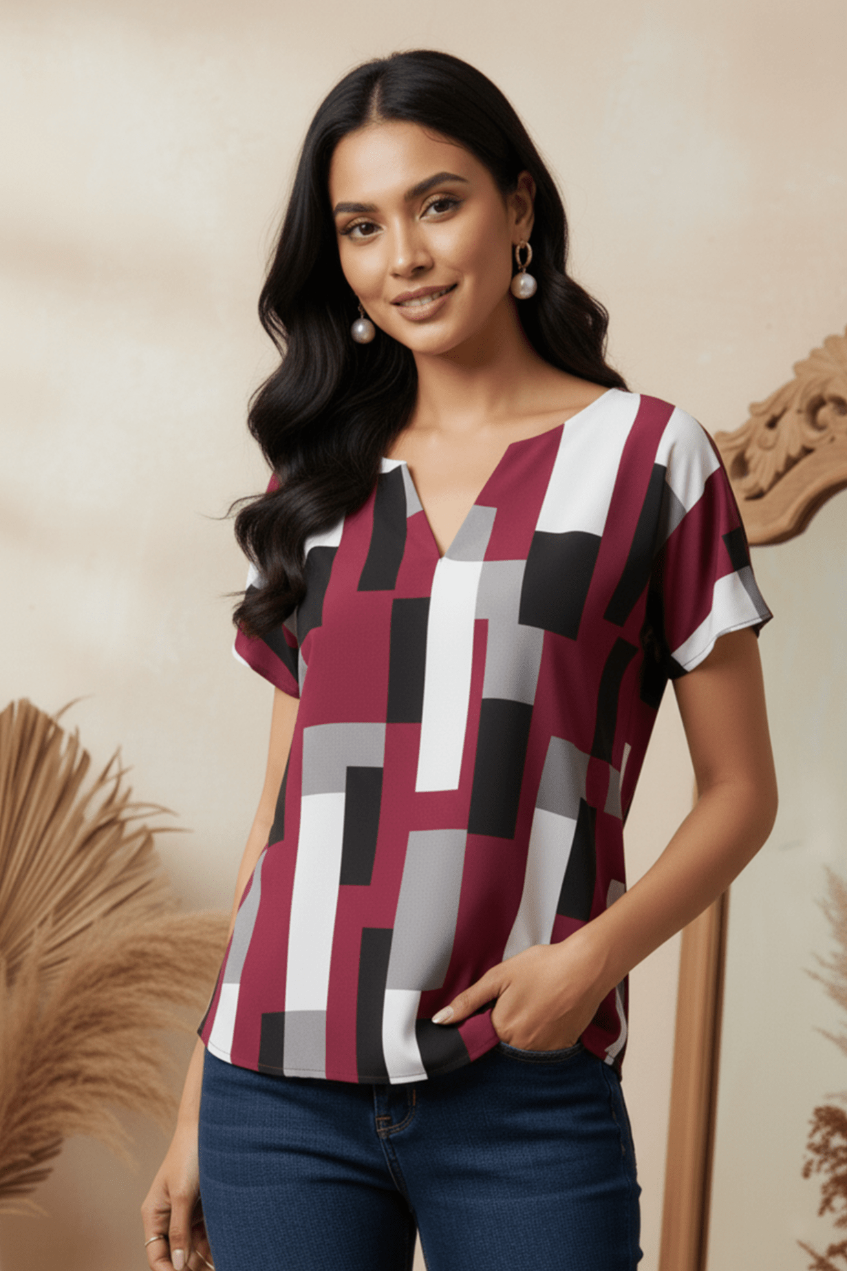 Uvercee | Modern Geometric Print V - Neck Top | Women's Casual Short Sleeve - Uvercee