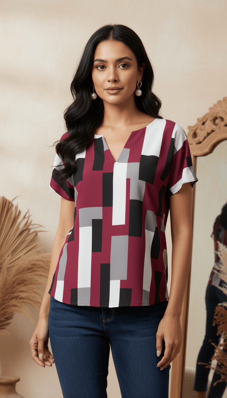 Uvercee | Modern Geometric Print V - Neck Top | Women's Casual Short Sleeve - Uvercee