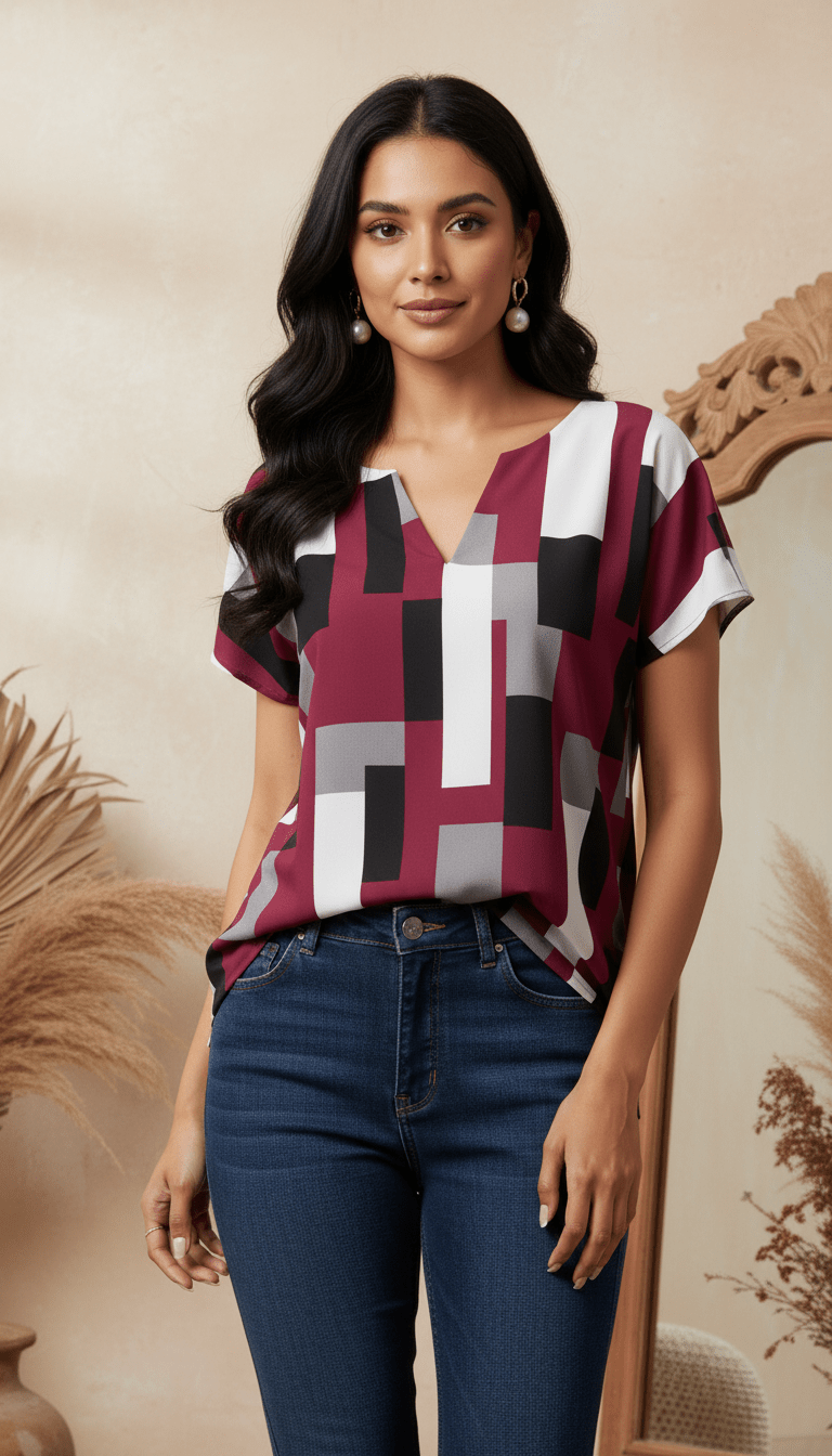 Uvercee | Modern Geometric Print V - Neck Top | Women's Casual Short Sleeve - Uvercee