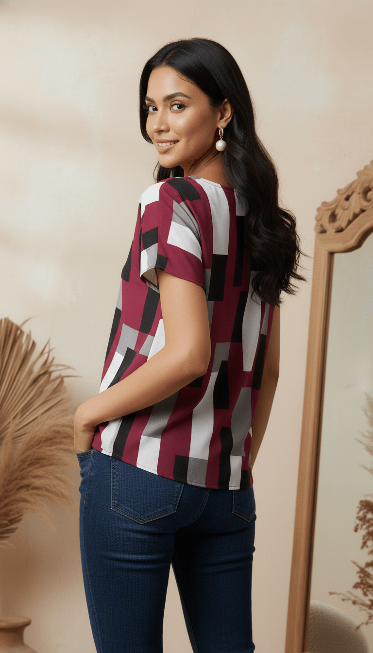 Uvercee | Modern Geometric Print V - Neck Top | Women's Casual Short Sleeve - Uvercee