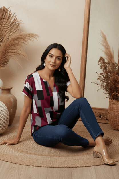 Uvercee | Modern Geometric Print V - Neck Top | Women's Casual Short Sleeve - Uvercee