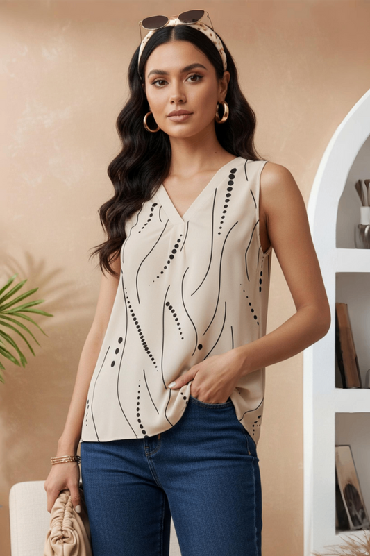 Uvercee | Artistic Line Print Sleeveless Top | Elegant V-Neck Top