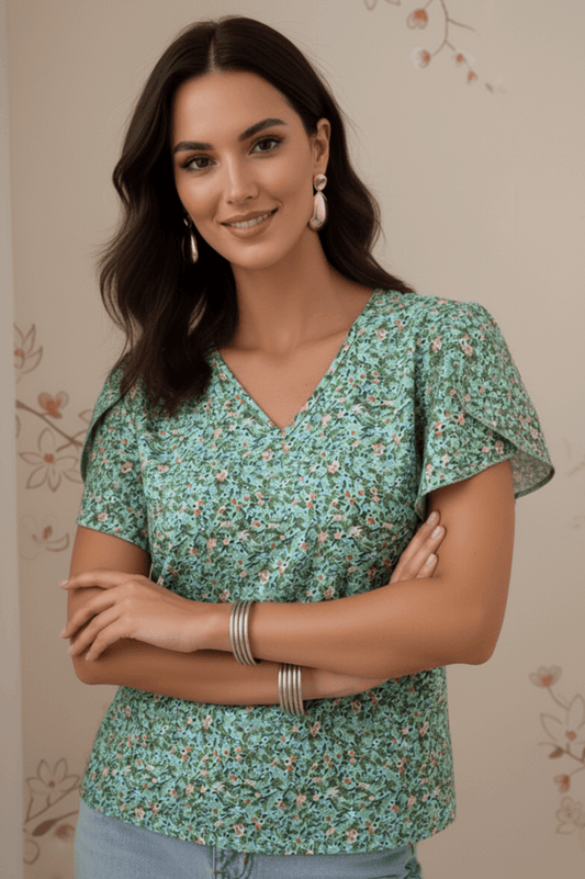Uvercee | Ditsy Floral V - Neck Top | Women's Flutter Sleeve Top - Uvercee