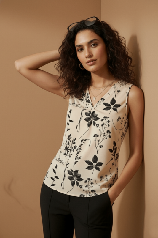 Uvercee | Elegant Floral Silhouette Top | Women's Sleeveless V-Neck