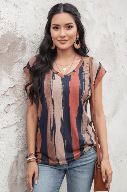 Uvercee | Earthy Brushstroke Print V - Neck Top | Women's Casual Abstract Stripe Top - Uvercee