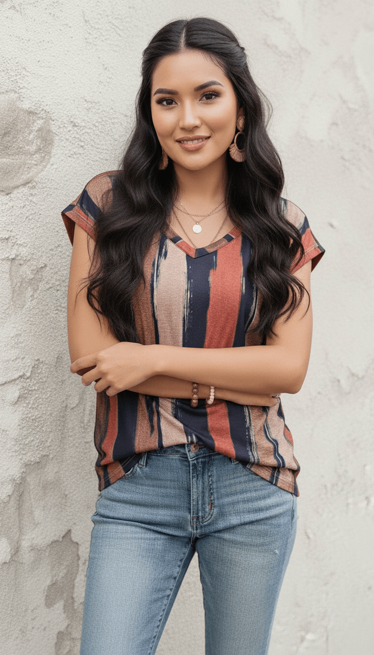 Uvercee | Earthy Brushstroke Print V - Neck Top | Women's Casual Abstract Stripe Top - Uvercee