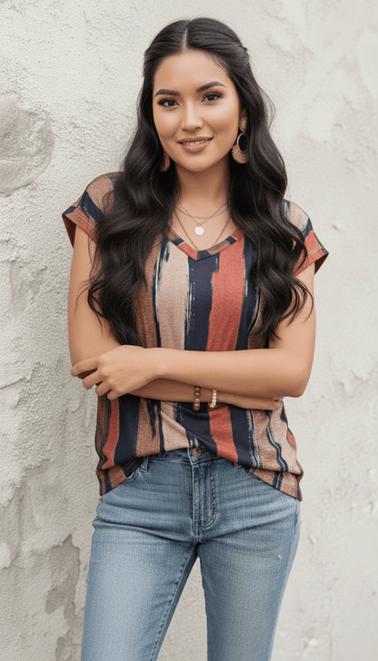 Uvercee | Earthy Brushstroke Print V - Neck Top | Women's Casual Abstract Stripe Top - Uvercee