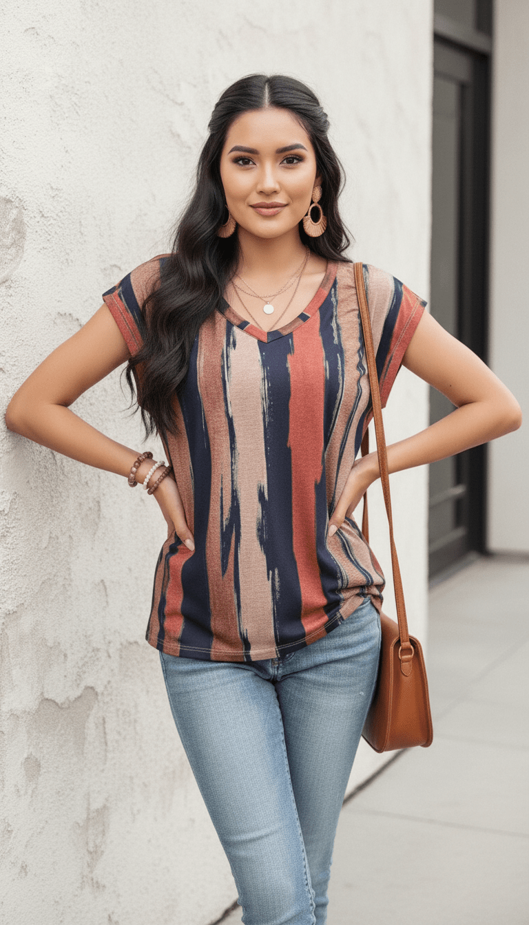 Uvercee | Earthy Brushstroke Print V - Neck Top | Women's Casual Abstract Stripe Top - Uvercee