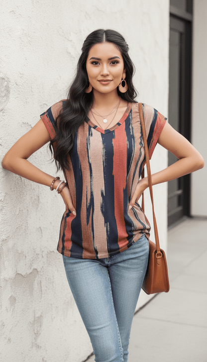 Uvercee | Earthy Brushstroke Print V - Neck Top | Women's Casual Abstract Stripe Top - Uvercee