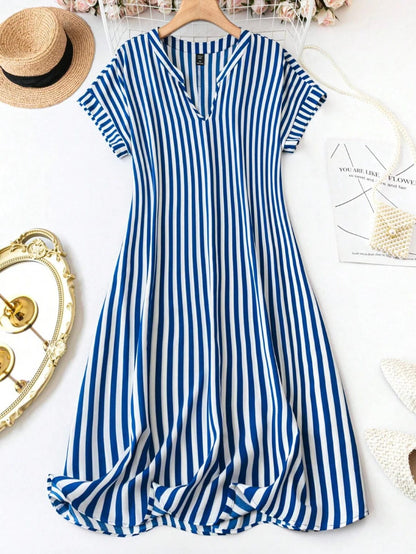 Summer Casual Striped Notched Neck Short Sleeve Dress