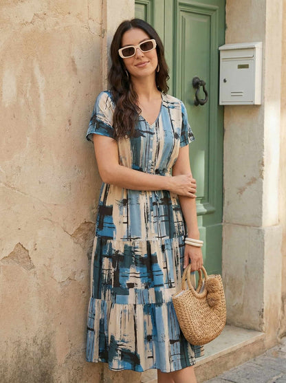 Boho Abstract Print Tiered V-Neck Drawstring Waist Midi Dress