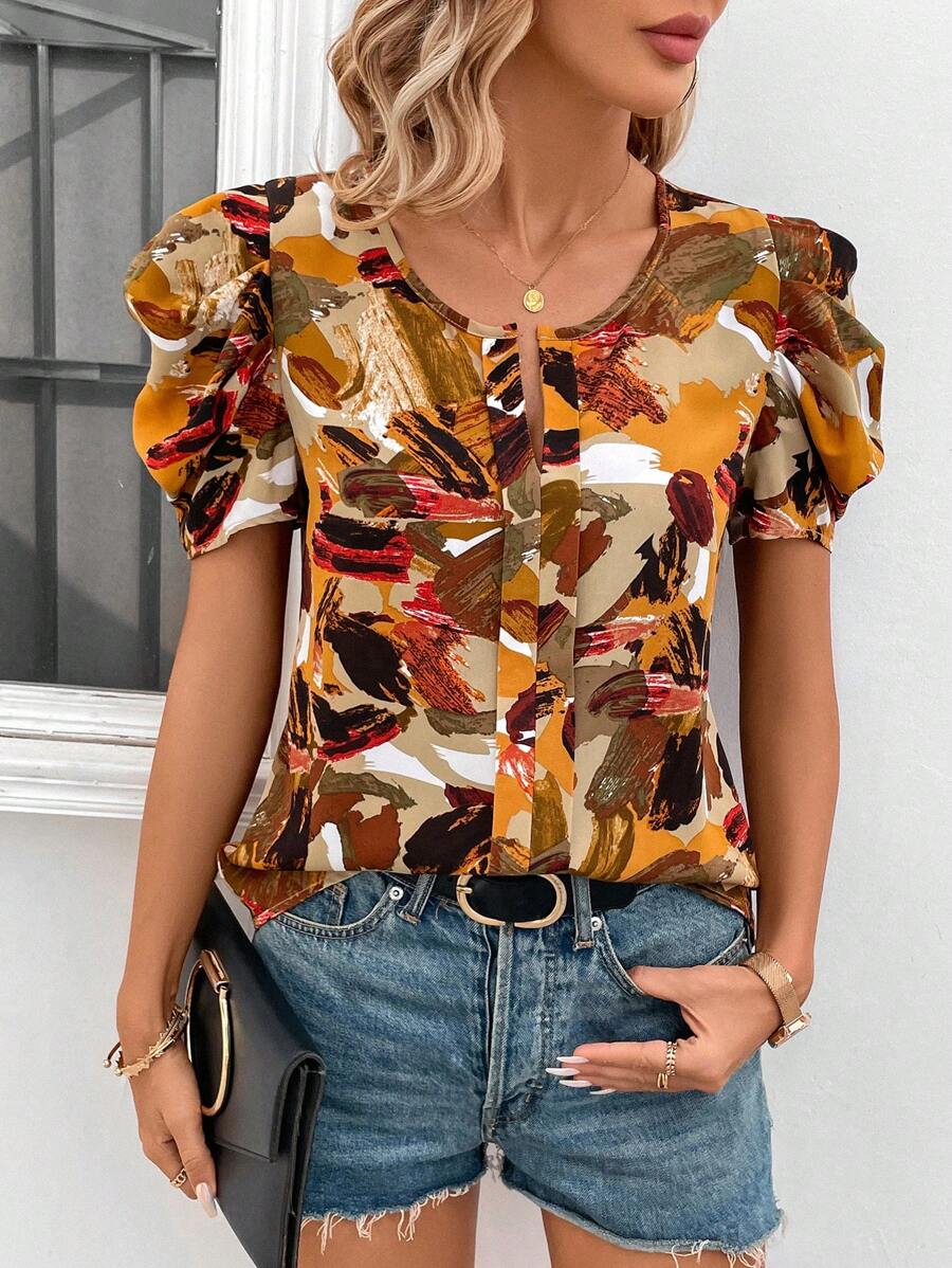 Uvercee Chic Abstract Print Puff Sleeve Top